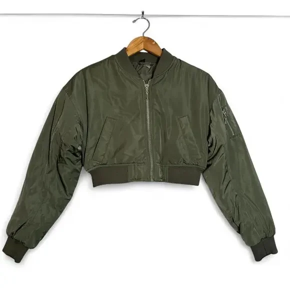 H&M Women's Green Cropped Puffer Bomber Jacket sz XS - Picture 1 of 6